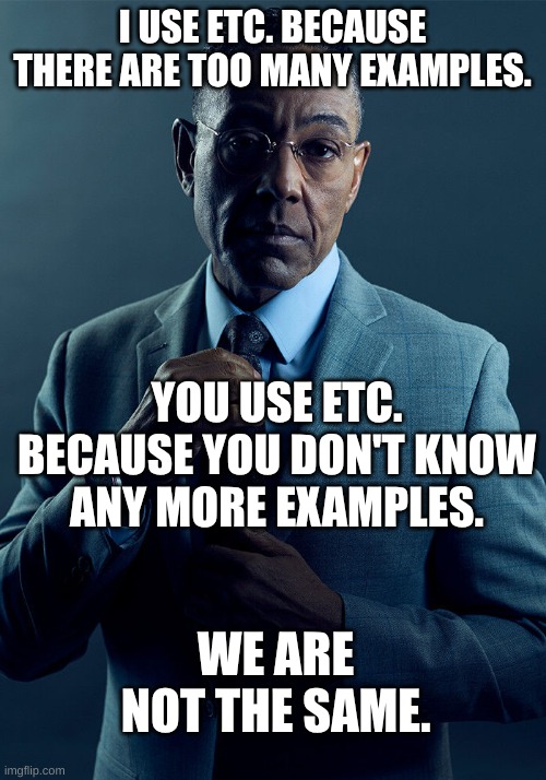 Gus Fring we are not the same | I USE ETC. BECAUSE THERE ARE TOO MANY EXAMPLES. YOU USE ETC. BECAUSE YOU DON'T KNOW ANY MORE EXAMPLES. WE ARE NOT THE SAME. | image tagged in gus fring we are not the same | made w/ Imgflip meme maker