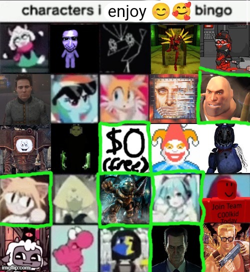 finally its a normal bingo for normal people | image tagged in characters i enjoy bingo,gaming,memes,bingo,msmg,funny | made w/ Imgflip meme maker