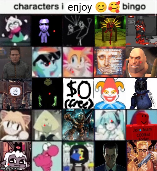IM IT IM IT IM IT!!!1!1!1!1!1!!!! | image tagged in characters i enjoy bingo | made w/ Imgflip meme maker
