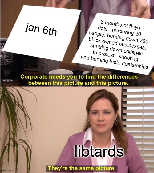 this is how ridiculous they are  -today- | 8 months of floyd riots, murdering 20 people, burning down 700 black owned businesses, shutting down colleges to protest,  shooting and burning tesla dealerships; jan 6th; libtards | image tagged in they're the same picture,funny,funny memes,political humor,donald trump approves,stupid liberals | made w/ Imgflip meme maker