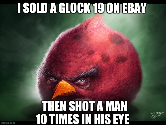 one of the crimes that Terrance has committed | I SOLD A GLOCK 19 ON EBAY; THEN SHOT A MAN 10 TIMES IN HIS EYE | image tagged in realistic angry bird big red | made w/ Imgflip meme maker