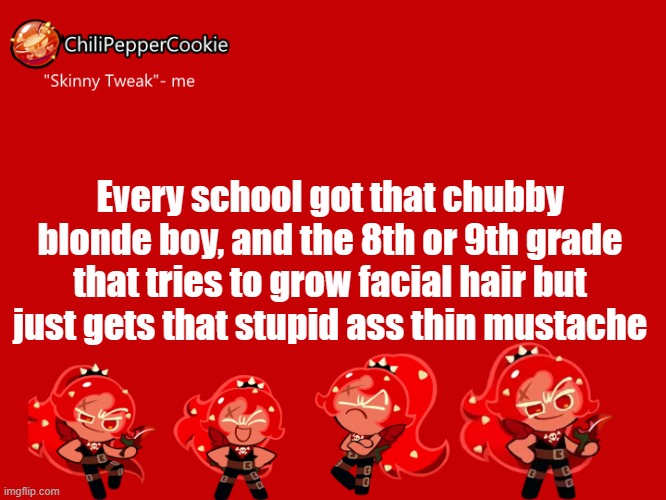 ChiliPepperCookie temp | Every school got that chubby blonde boy, and the 8th or 9th grade that tries to grow facial hair but just gets that stupid ass thin mustache | image tagged in chilipeppercookie temp | made w/ Imgflip meme maker