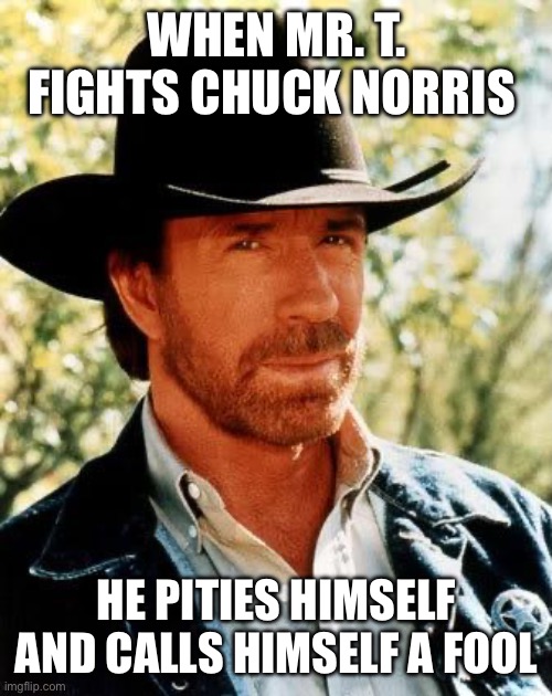 Chuck Norris Meme | WHEN MR. T. FIGHTS CHUCK NORRIS; HE PITIES HIMSELF AND CALLS HIMSELF A FOOL | image tagged in memes,chuck norris | made w/ Imgflip meme maker