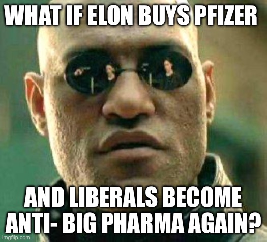 What if i told you | WHAT IF ELON BUYS PFIZER; AND LIBERALS BECOME ANTI- BIG PHARMA AGAIN? | image tagged in what if i told you,elon musk,pfizer,big pharma,politics,political meme | made w/ Imgflip meme maker