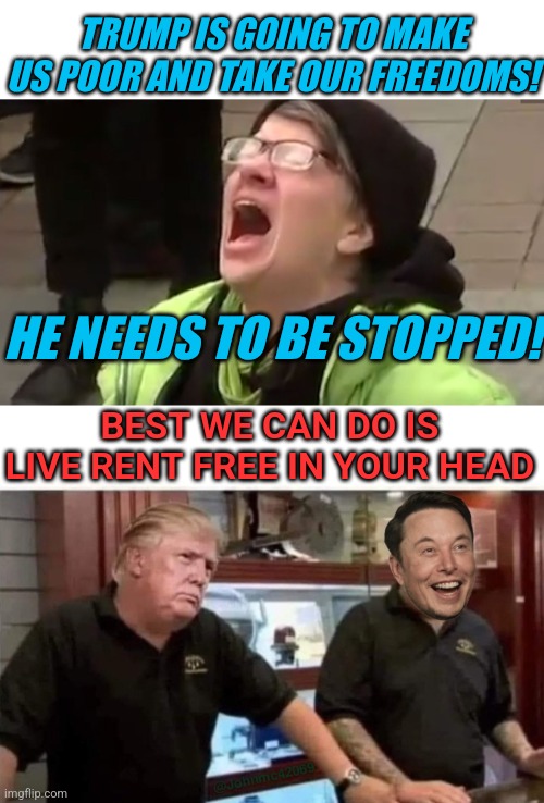 RENT FREE | TRUMP IS GOING TO MAKE US POOR AND TAKE OUR FREEDOMS! HE NEEDS TO BE STOPPED! BEST WE CAN DO IS LIVE RENT FREE IN YOUR HEAD | image tagged in screaming liberal,president trump,elon musk,liberals,democrats,politics | made w/ Imgflip meme maker