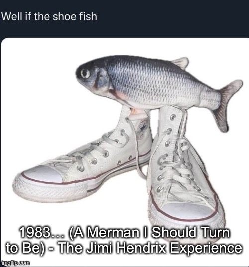 PEAK song omg | 1983… (A Merman I Should Turn to Be) - The Jimi Hendrix Experience | image tagged in shoe fish | made w/ Imgflip meme maker