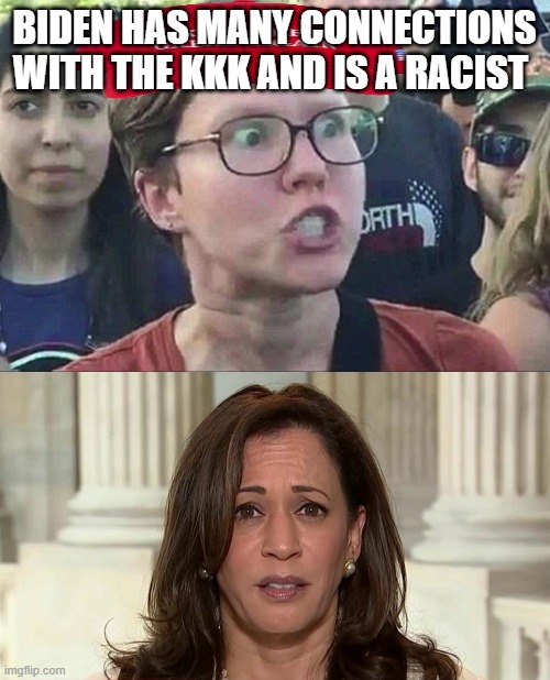 Trump said that Black people should like him more cause he has a mugshot | BIDEN HAS MANY CONNECTIONS WITH THE KKK AND IS A RACIST | image tagged in triggered liberal,kamala harris,pathetic don | made w/ Imgflip meme maker