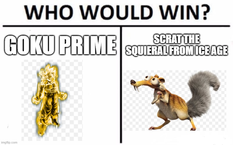 What do yall think? | GOKU PRIME; SCRAT THE SQUIERAL FROM ICE AGE | image tagged in memes,who would win,ice age,scrat,goku,anime | made w/ Imgflip meme maker