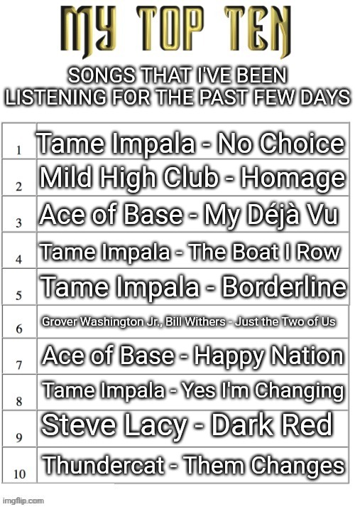 This is only for like the past 5 days. W or L music taste? | SONGS THAT I'VE BEEN LISTENING FOR THE PAST FEW DAYS; Tame Impala - No Choice; Mild High Club - Homage; Ace of Base - My Déjà Vu; Tame Impala - The Boat I Row; Tame Impala - Borderline; Grover Washington Jr., Bill Withers - Just the Two of Us; Ace of Base - Happy Nation; Tame Impala - Yes I'm Changing; Steve Lacy - Dark Red; Thundercat - Them Changes | image tagged in top ten list better | made w/ Imgflip meme maker