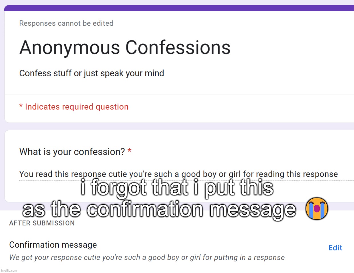 i forgot that i put this as the confirmation message 😭 | made w/ Imgflip meme maker