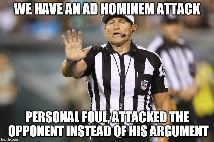 Ad Hominem Attack fallacy referee | image tagged in logical fallacy referee | made w/ Imgflip meme maker