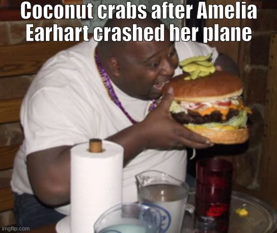 Fat guy eating burger | Coconut crabs after Amelia Earhart crashed her plane | image tagged in fat guy eating burger | made w/ Imgflip meme maker