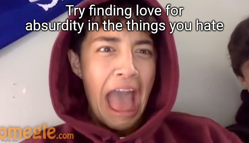 Omegle victim 12 | Try finding love for absurdity in the things you hate | image tagged in omegle victim 12 | made w/ Imgflip meme maker