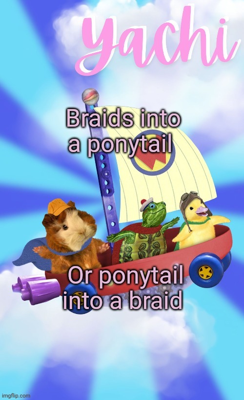Yachis wonder pet temp (thank you Disco) | Braids into a ponytail; Or ponytail into a braid | image tagged in yachis wonder pet temp thank you disco | made w/ Imgflip meme maker