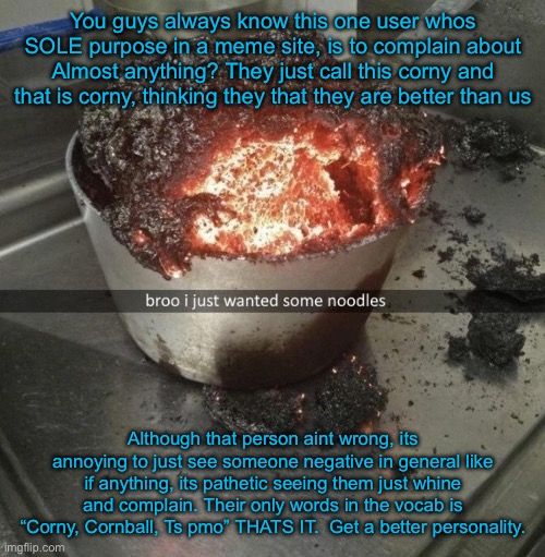 This is toward a certain user who deleted not too long ago.. | You guys always know this one user whos SOLE purpose in a meme site, is to complain about Almost anything? They just call this corny and that is corny, thinking they that they are better than us; Although that person aint wrong, its annoying to just see someone negative in general like if anything, its pathetic seeing them just whine and complain. Their only words in the vocab is “Corny, Cornball, Ts pmo” THATS IT.  Get a better personality. | made w/ Imgflip meme maker