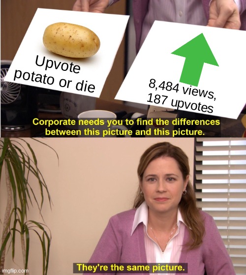 You know it's over when they put a picture of a brick on there. | Upvote potato or die; 8,484 views, 187 upvotes | image tagged in memes,they're the same picture,relatable,imgflip users,potato,upvote if you agree | made w/ Imgflip meme maker