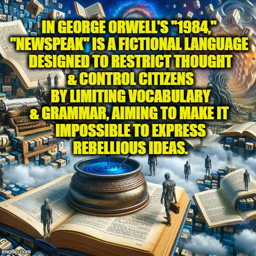 "1984" is prophesy | IN GEORGE ORWELL'S "1984," 
"NEWSPEAK" IS A FICTIONAL LANGUAGE 
DESIGNED TO RESTRICT THOUGHT
& CONTROL CITIZENS
BY LIMITING VOCABULARY
& GRAMMAR, AIMING TO MAKE IT 
IMPOSSIBLE TO EXPRESS
 REBELLIOUS IDEAS. | image tagged in cultural marxism | made w/ Imgflip meme maker