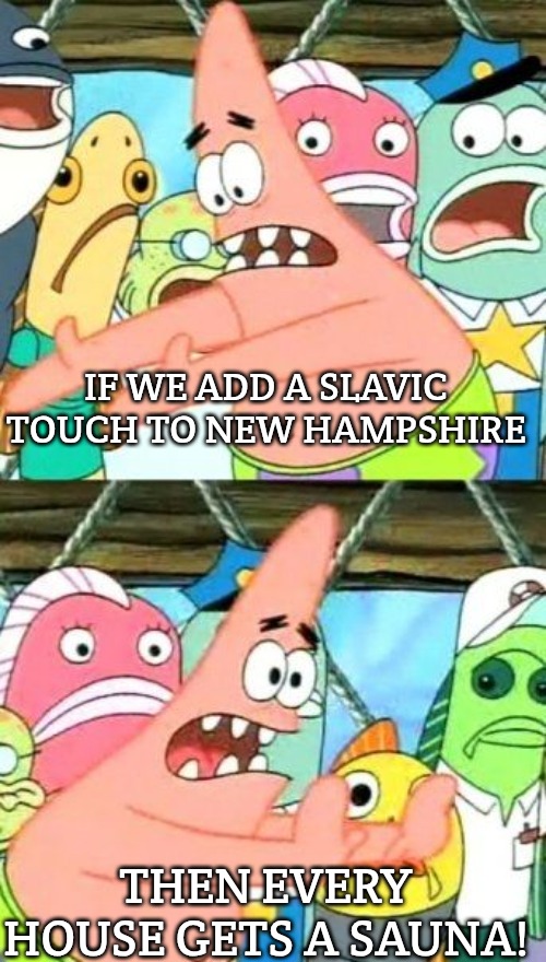 Put It Somewhere Else Patrick | IF WE ADD A SLAVIC TOUCH TO NEW HAMPSHIRE; THEN EVERY HOUSE GETS A SAUNA! | image tagged in memes,put it somewhere else patrick,slavic lives matter,new hampshire | made w/ Imgflip meme maker