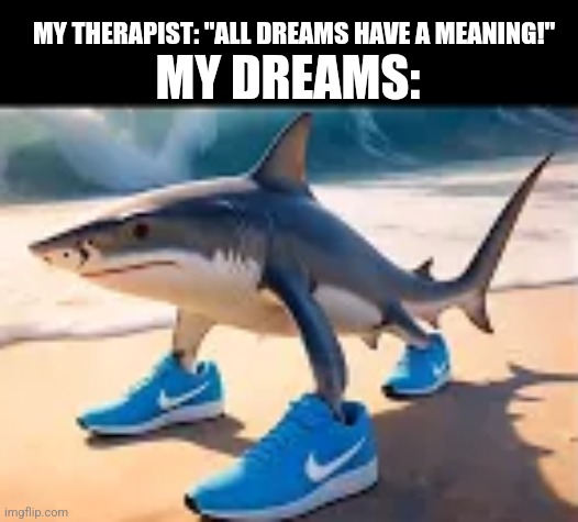 MY DREAMS:; MY THERAPIST: "ALL DREAMS HAVE A MEANING!" | image tagged in memes,weird,dreams | made w/ Imgflip meme maker