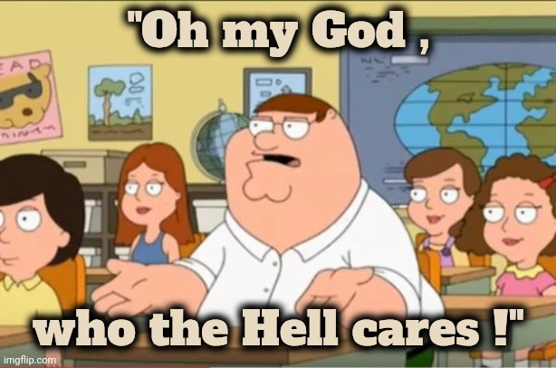 "Oh my god, who the hell cares" from Family Guy | "Oh my God , who the Hell cares !" | image tagged in oh my god who the hell cares from family guy | made w/ Imgflip meme maker