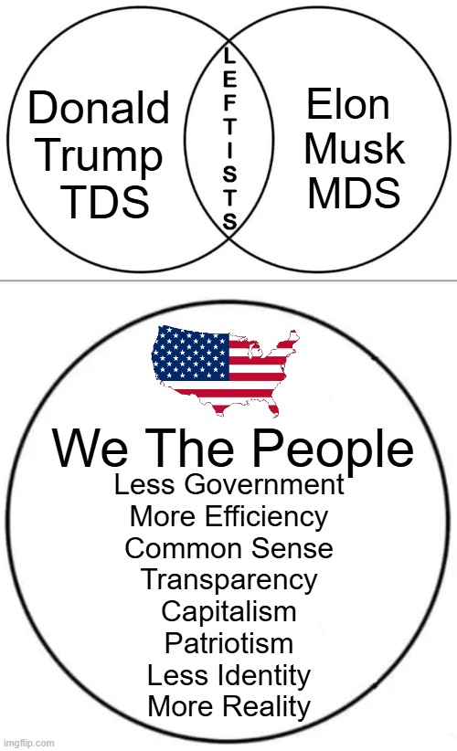 IN A NUTSHELL: Simplified Venn Diagram for Kamala & the Left | L
E
F
T
I
S
T
S; Donald 
Trump 
TDS; Elon 
Musk
MDS; We The People; Less Government 
        More Efficiency       
 Common Sense
 Transparency
 Capitalism
 Patriotism
 Less Identity
 More Reality | image tagged in 3 circle venn diagram,we the people,leftists,tds,mds,political humor | made w/ Imgflip meme maker