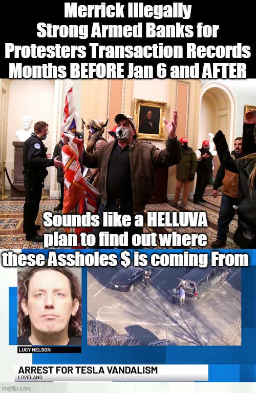AND hammered Airlines for anyone that even FLEW IN to DC ! | Merrick Illegally Strong Armed Banks for Protesters Transaction Records Months BEFORE Jan 6 and AFTER; Sounds like a HELLUVA plan to find out where these Assholes $ is coming From | image tagged in dark money for tesla terrorists meme | made w/ Imgflip meme maker