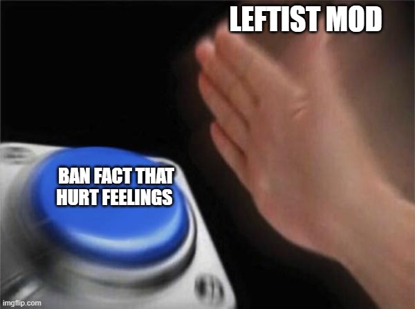 Blank Nut Button Meme | LEFTIST MOD BAN FACT THAT HURT FEELINGS | image tagged in memes,blank nut button | made w/ Imgflip meme maker