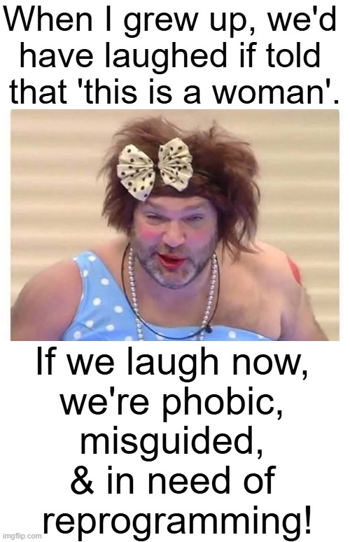 Truth is Unacceptable in a Politically Correct World | When I grew up, we'd 
have laughed if told 
that 'this is a woman'. If we laugh now, 
we're phobic, 
misguided, 
& in need of 
reprogramming! | image tagged in this is a woman,political correctness,yesterday,today,truth,political humor | made w/ Imgflip meme maker