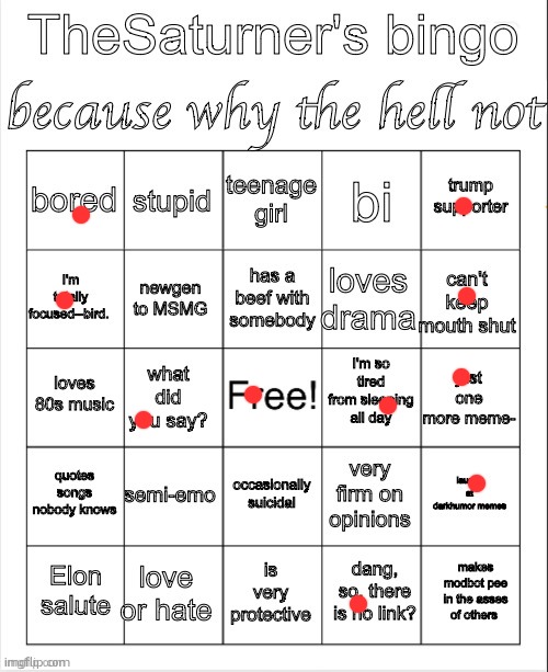 Saturner's Bingo Thingy | image tagged in saturner's bingo thingy | made w/ Imgflip meme maker