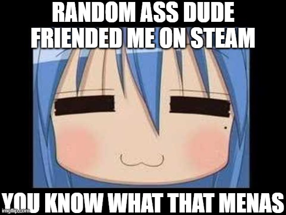 lucky star konata izumi | RANDOM ASS DUDE FRIENDED ME ON STEAM; YOU KNOW WHAT THAT MENAS | image tagged in lucky star konata izumi | made w/ Imgflip meme maker