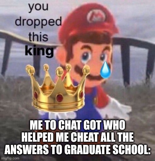 Mario you dropped this king | ME TO CHAT GOT WHO HELPED ME CHEAT ALL THE ANSWERS TO GRADUATE SCHOOL: | image tagged in mario you dropped this king | made w/ Imgflip meme maker