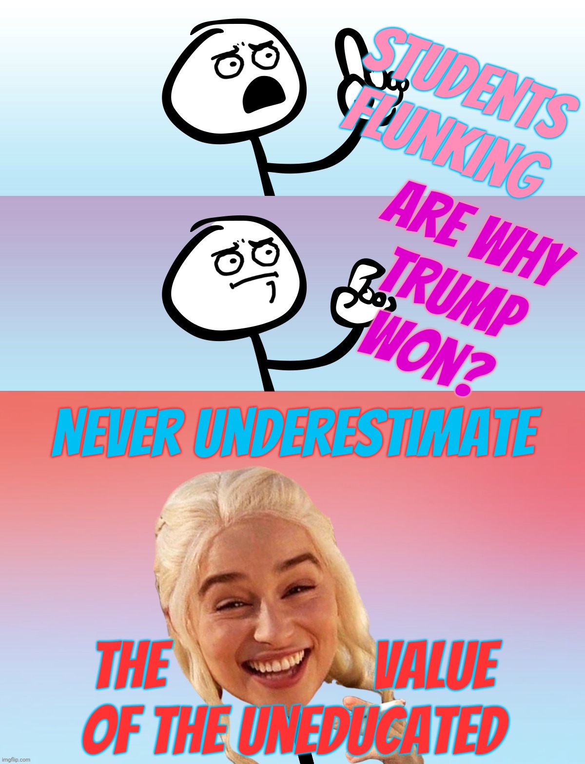 Getting rid of the Department of Education suits Republicans just fine because dropouts are their key to winning elections | students flunking The                value
of the uneducated Are why
Trump
won? Never underestimate | image tagged in um wait on second thought,department of education,cutting the department of education,trump loves the uneducated,dropouts,magats | made w/ Imgflip meme maker