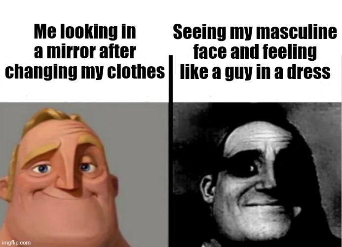 Does anyone find this relatable? | Me looking in a mirror after changing my clothes; Seeing my masculine face and feeling like a guy in a dress | image tagged in teacher's copy | made w/ Imgflip meme maker