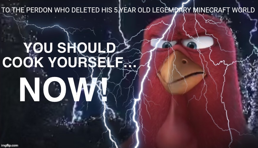 You should COOK yourself… NOW! | TO THE PERDON WHO DELETED HIS 5 YEAR OLD LEGEMDARY MINECRAFT WORLD | image tagged in you should cook yourself now | made w/ Imgflip meme maker