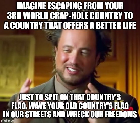 Illegals purposely destroy our country and the Democrats letting them in are fine with it because all they see are voters. | IMAGINE ESCAPING FROM YOUR 3RD WORLD CRAP-HOLE COUNTRY TO A COUNTRY THAT OFFERS A BETTER LIFE; JUST TO SPIT ON THAT COUNTRY'S FLAG, WAVE YOUR OLD COUNTRY'S FLAG IN OUR STREETS AND WRECK OUR FREEDOMS | image tagged in memes,ancient aliens,democrats,america,freedom | made w/ Imgflip meme maker