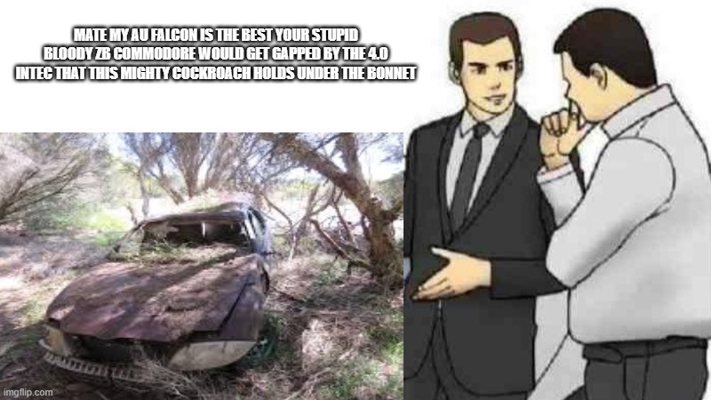 the best bloody AU .Falcon in town | MATE MY AU FALCON IS THE BEST YOUR STUPID BLOODY ZB COMMODORE WOULD GET GAPPED BY THE 4.0 INTEC THAT THIS MIGHTY COCKROACH HOLDS UNDER THE BONNET | image tagged in memes,car salesman slaps roof of car | made w/ Imgflip meme maker