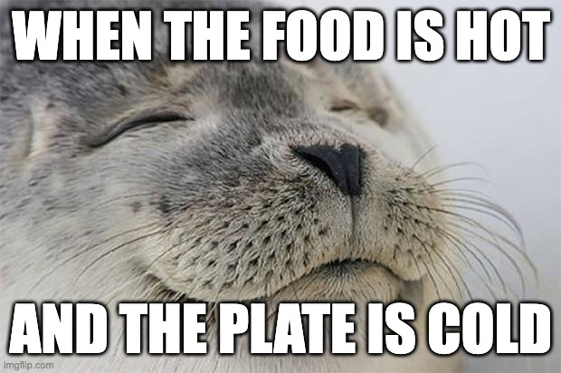 Satisfied Seal | WHEN THE FOOD IS HOT; AND THE PLATE IS COLD | image tagged in memes,satisfied seal | made w/ Imgflip meme maker