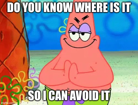 Patrick Mischief | DO YOU KNOW WHERE IS IT SO I CAN AVOID IT | image tagged in patrick mischief | made w/ Imgflip meme maker