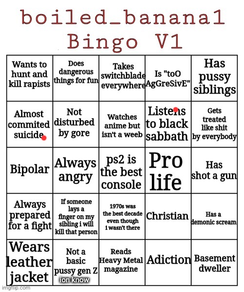 I used to wear a leather jacket | ion know | image tagged in boiled_banana1 bingo v1 | made w/ Imgflip meme maker