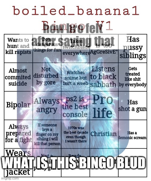 boiled_banana1 Bingo V1 | WHAT IS THIS BINGO BLUD | image tagged in boiled_banana1 bingo v1 | made w/ Imgflip meme maker