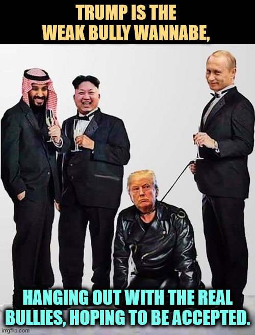Never forget, Trump is weak. He only plays a strong man on TV. | TRUMP IS THE WEAK BULLY WANNABE, HANGING OUT WITH THE REAL BULLIES, HOPING TO BE ACCEPTED. | image tagged in mbs kim putin and their pet trump,trump,weak,bully,putin,kim jong un | made w/ Imgflip meme maker
