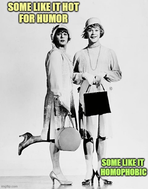 jack lemmon tony curtis some like it hot | SOME LIKE IT HOT
FOR HUMOR SOME LIKE IT 
HOMOPHOBIC | image tagged in jack lemmon tony curtis some like it hot | made w/ Imgflip meme maker