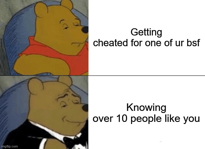 Hey that's the mood ngl | Getting cheated for one of ur bsf; Knowing over 10 people like you | image tagged in memes,tuxedo winnie the pooh | made w/ Imgflip meme maker