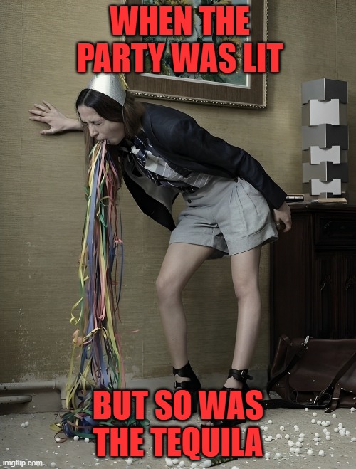 tequila | WHEN THE PARTY WAS LIT; BUT SO WAS THE TEQUILA | image tagged in memes | made w/ Imgflip meme maker