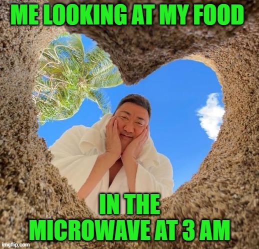 3 AM | ME LOOKING AT MY FOOD; IN THE MICROWAVE AT 3 AM | image tagged in memes | made w/ Imgflip meme maker