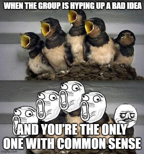 common sense | WHEN THE GROUP IS HYPING UP A BAD IDEA; AND YOU’RE THE ONLY ONE WITH COMMON SENSE | image tagged in memes | made w/ Imgflip meme maker