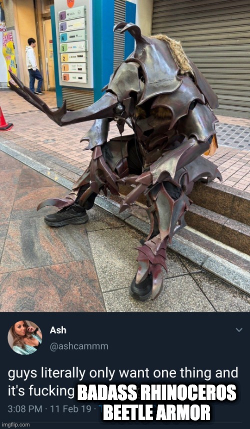 rhinoceros beetle armor | BADASS RHINOCEROS BEETLE ARMOR | image tagged in fun,guys only want one thing | made w/ Imgflip meme maker