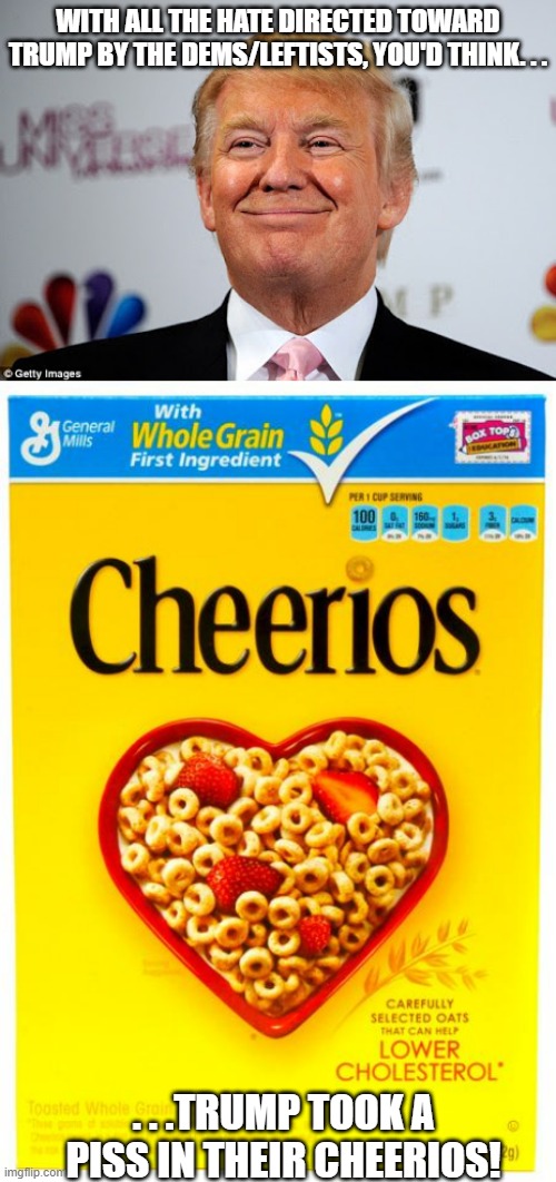 Good as reason as any for why they hate him that much. | WITH ALL THE HATE DIRECTED TOWARD TRUMP BY THE DEMS/LEFTISTS, YOU'D THINK. . . . . .TRUMP TOOK A PISS IN THEIR CHEERIOS! | image tagged in donald trump approves,cheerios box,politics,political meme,political humor,meme | made w/ Imgflip meme maker