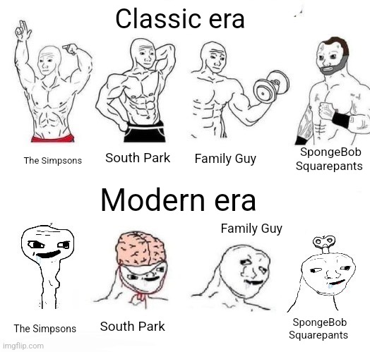 Classic vs Modern | Classic era; SpongeBob Squarepants; South Park; Family Guy; The Simpsons; Modern era; Family Guy; South Park; The Simpsons; SpongeBob Squarepants | image tagged in x in the past vs x now,cartoons,tv shows,tv programmes,classic vs modern | made w/ Imgflip meme maker