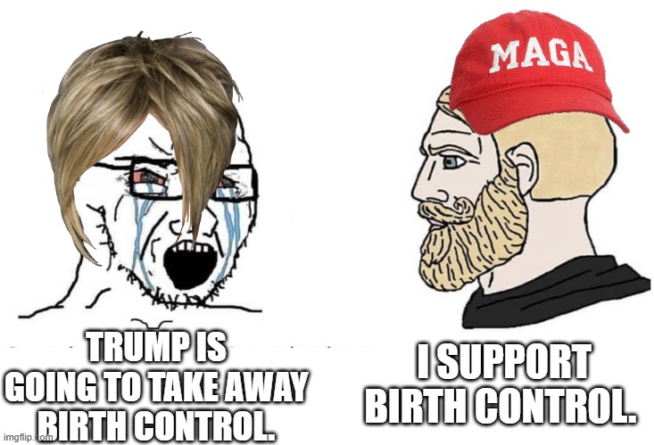 trump did NOT ban birth control | I SUPPORT BIRTH CONTROL. TRUMP IS GOING TO TAKE AWAY BIRTH CONTROL. | image tagged in soyboy vs yes chad | made w/ Imgflip meme maker